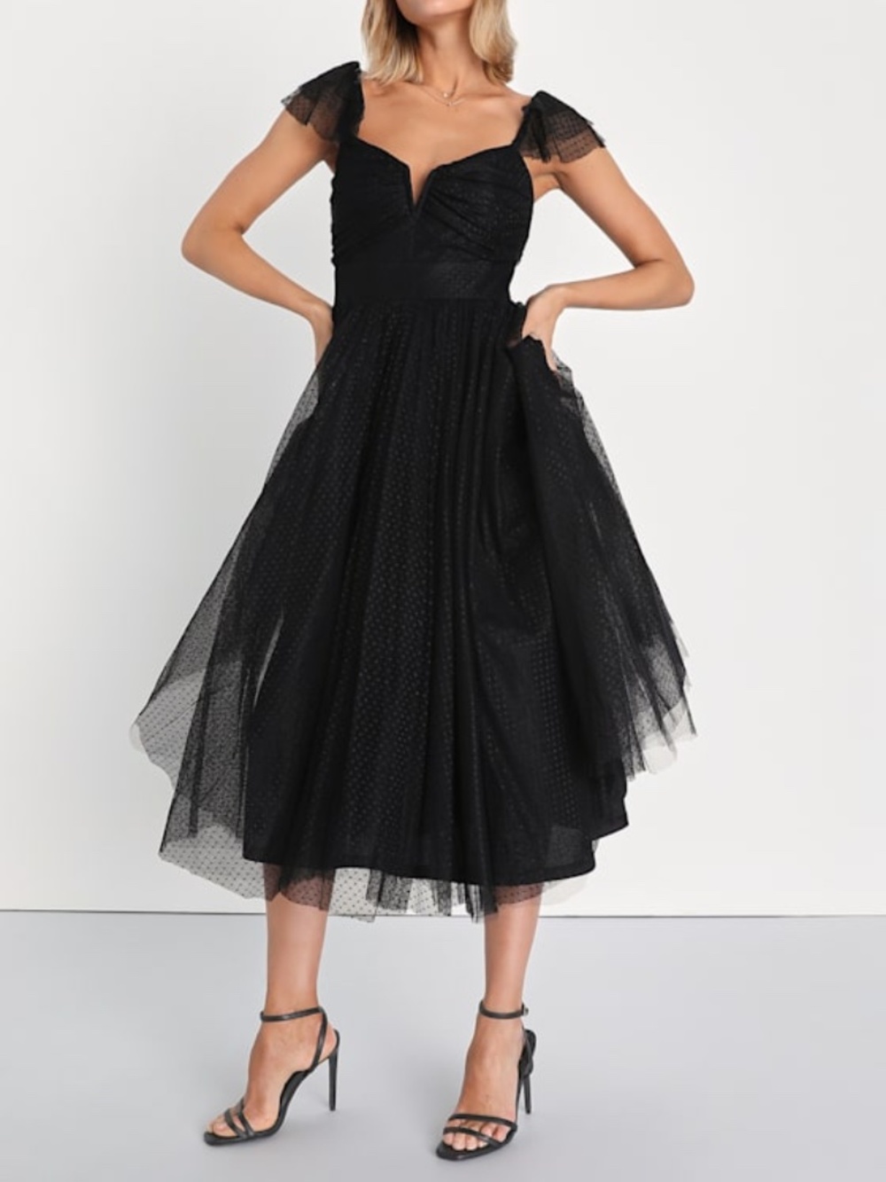 Lulus Flirtatious Feeling Black Tulle Flutter Sleeve A-line Midi Dress - Size M